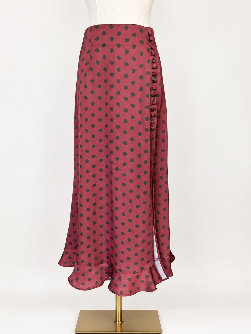 Zara Polka Dot Maxi Skirt S Burgundy Green Button Ruffle Hem Side Slit